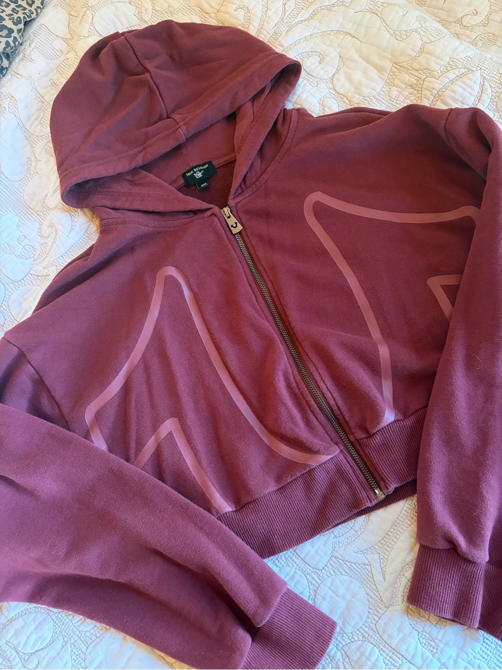 True Religion Womens Cropped Maroon Zip Front Hoodie Jacket